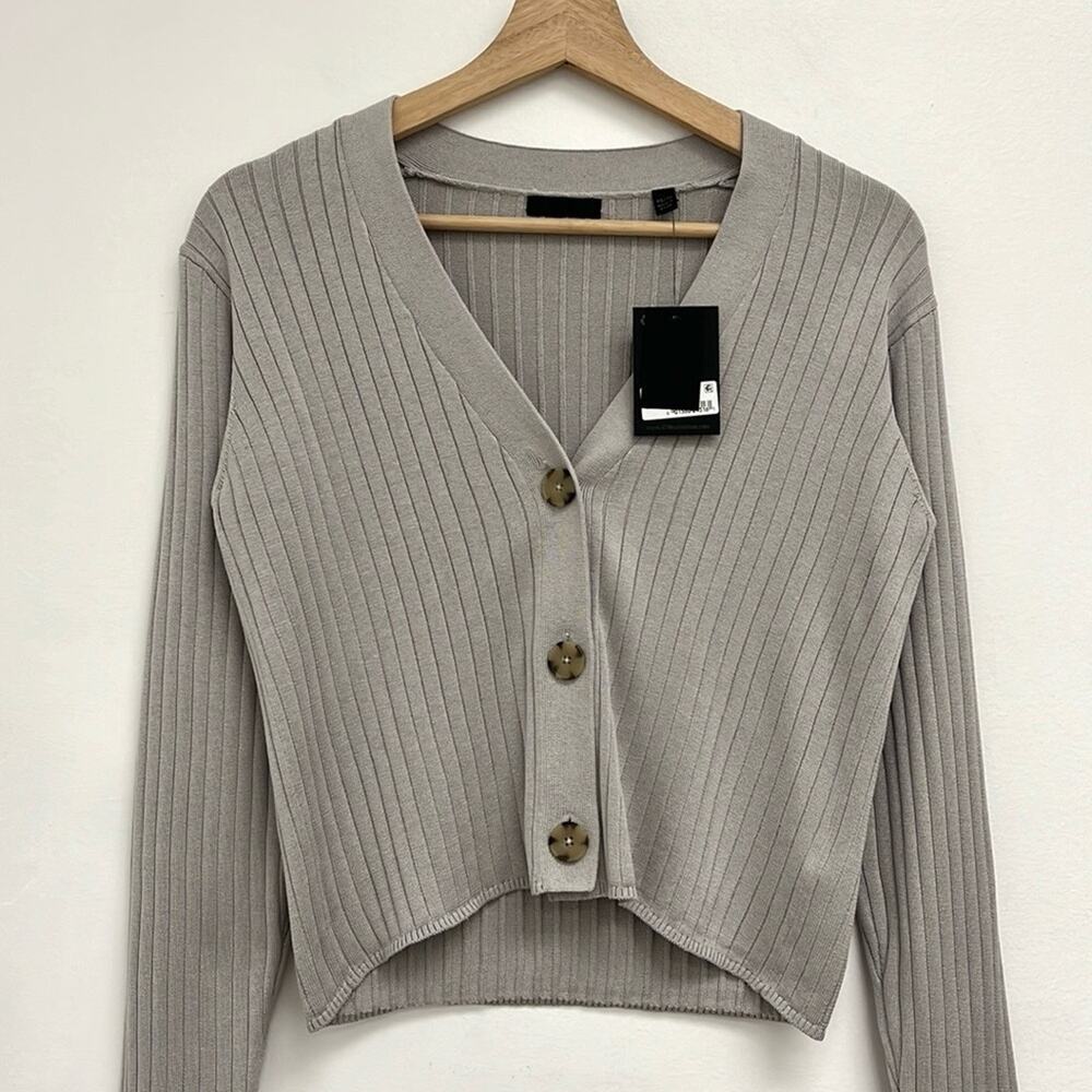 ATM Anthony Thomas Melillo Taupe Ribbed V-Neck Cropped Cardigan - Picture 3 of 12
